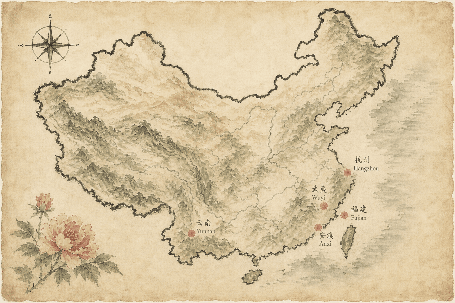 Hand-drawn ink-and-wash map of China on parchment, with the five tea-origin regions — Yunnan, Fujian, Wuyi, Anxi, and Hangzhou — marked in rose and labeled in English and Chinese