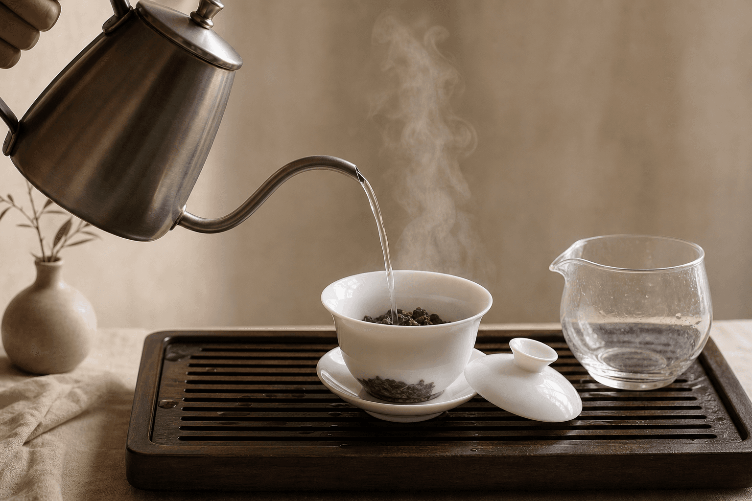 Water pouring from a kettle over tea leaves in a white porcelain gaiwan on a dark wooden tray, steam rising