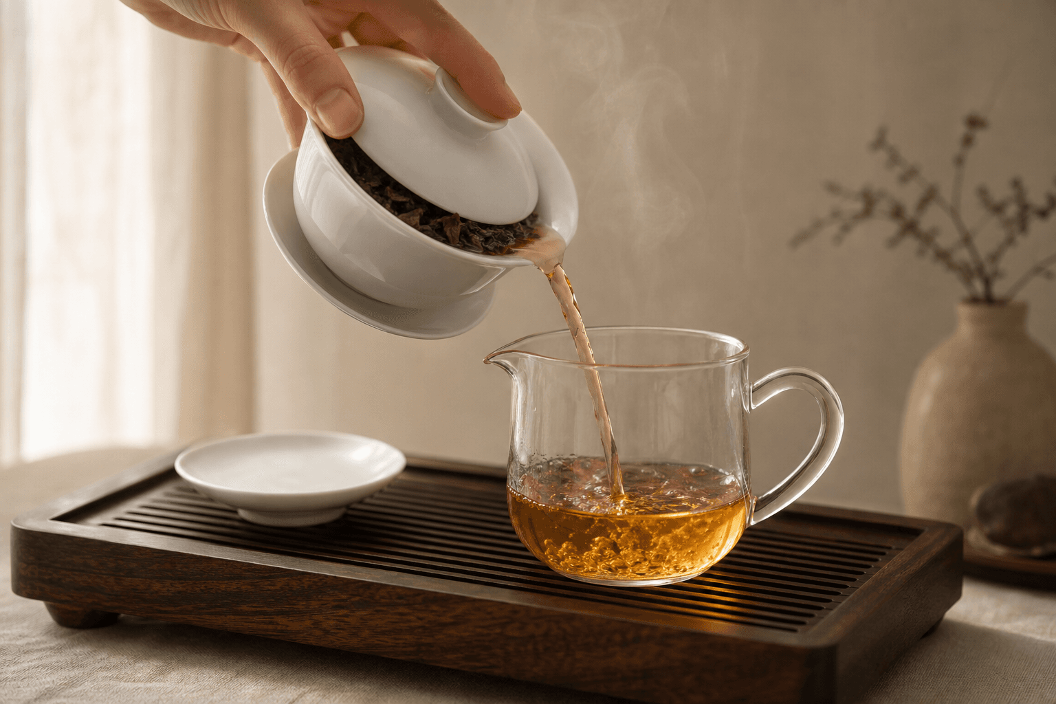 Amber brewed tea streaming from a tilted white porcelain gaiwan into a clear glass pitcher on a wooden tray