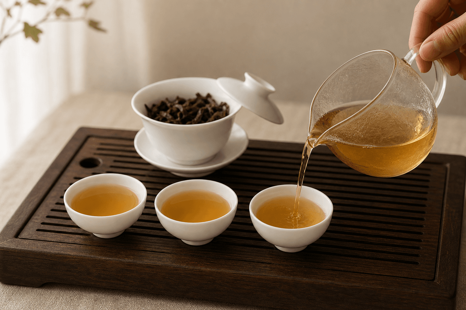 Three small white porcelain tasting cups in a row being filled with amber oolong tea from a glass pitcher