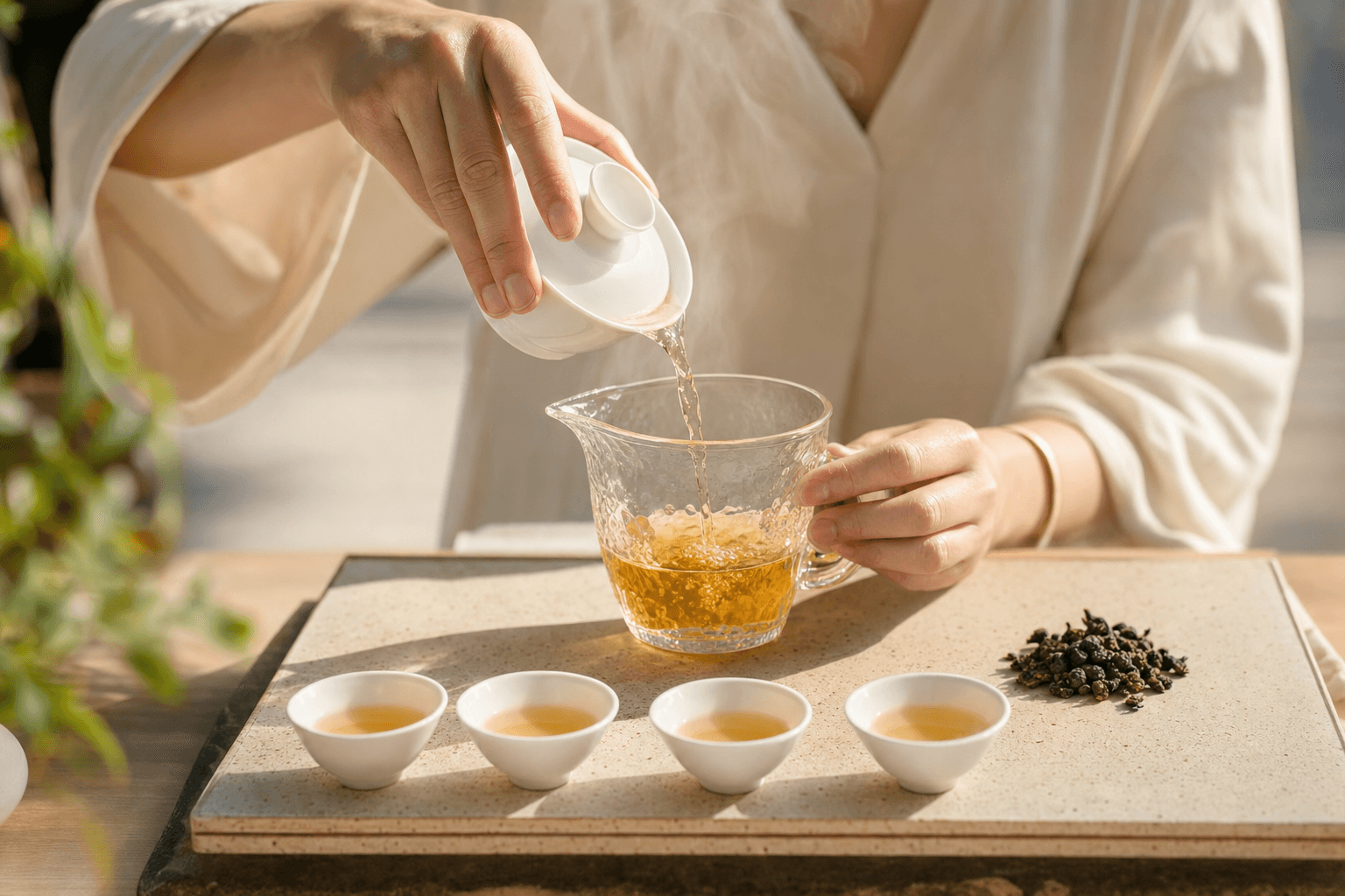 Hands pouring tea from a gaiwan into a glass pitcher over a row of small cups on a light tea tray