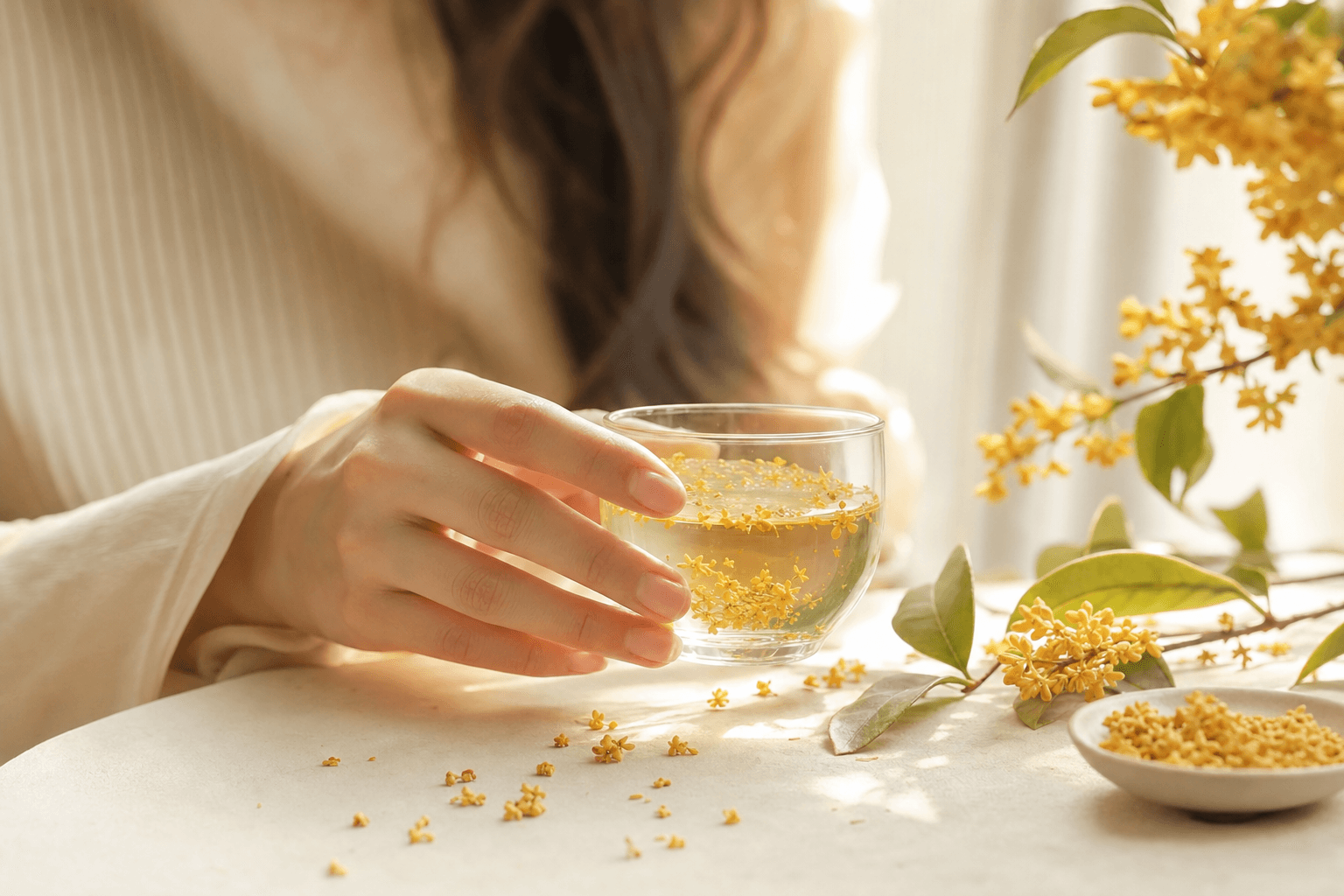 A hand holding a glass cup of pale tea scattered with tiny golden osmanthus blossoms