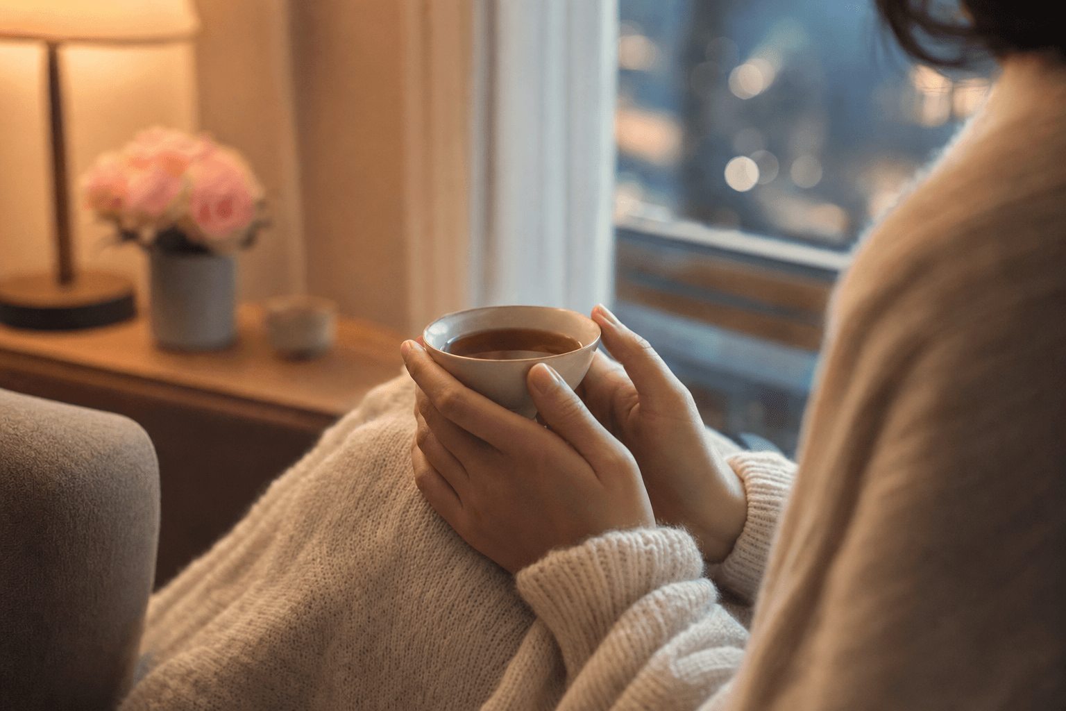 A person in a soft knit wrap cradling a warm cup of tea by a window at dusk