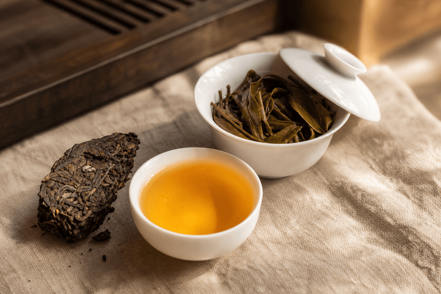 Golden-amber sheng pu-erh liquor in a small white cup beside a gaiwan with whole wet leaves visible