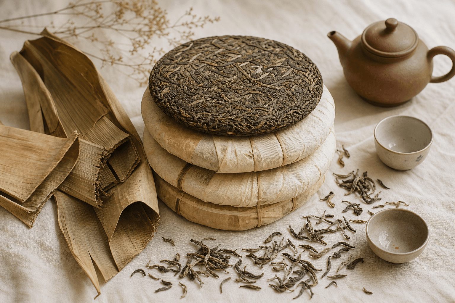 A stack of pu-erh cakes wrapped in traditional bamboo leaf and paper, beside loose sheng leaves and a clay teapot in warm light