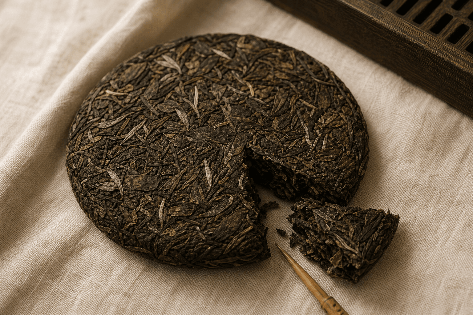 A 200g sheng pu-erh cake with a piece broken off, revealing compressed assamica leaves, on cream linen
