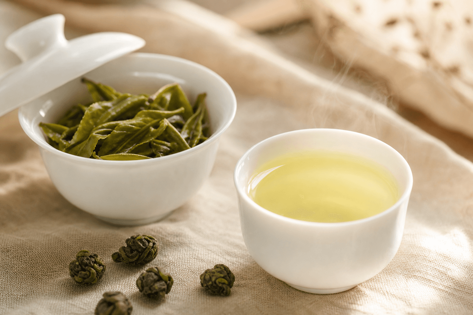 Pale jade-yellow Ali Shan oolong in a small white porcelain cup beside a gaiwan of unfurled fresh-green leaves