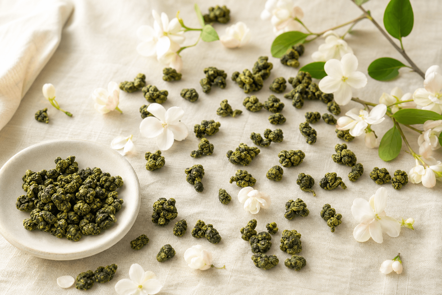 Jade-green rolled Ali Shan oolong leaves arranged on cream linen with delicate white blossoms