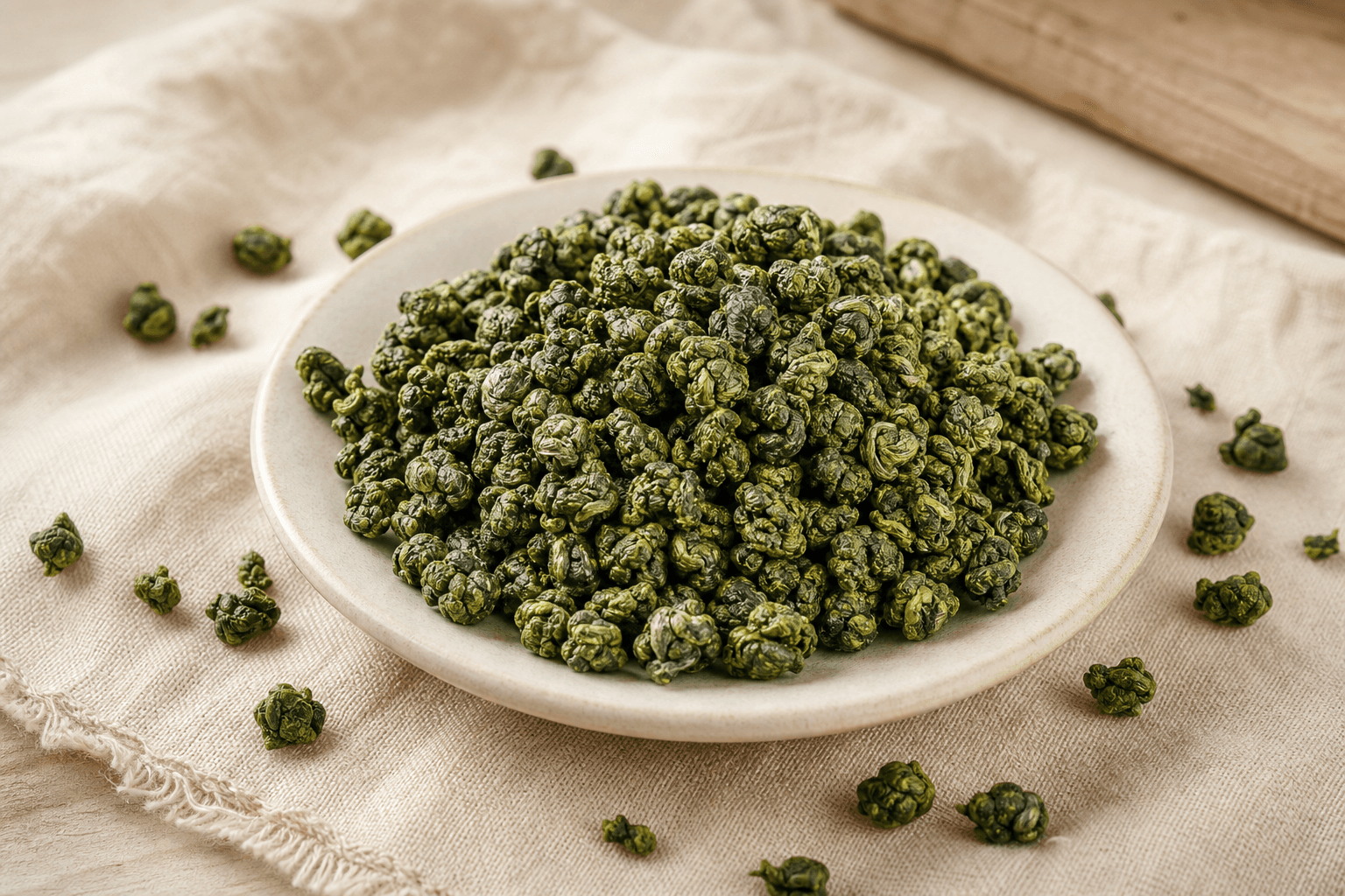 Tightly-rolled jade-green ball-shaped Ali Shan oolong leaves on cream linen