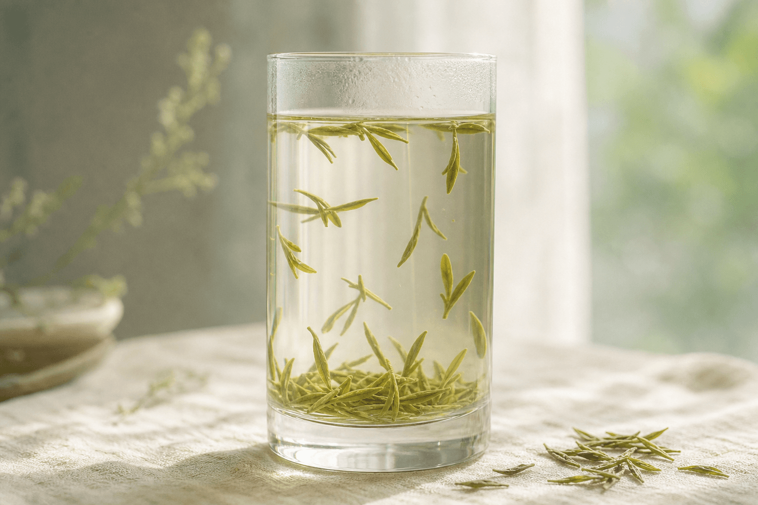 Pale jade-green Anji Bai Cha liquor in a tall clear glass tumbler with leaves slowly settling