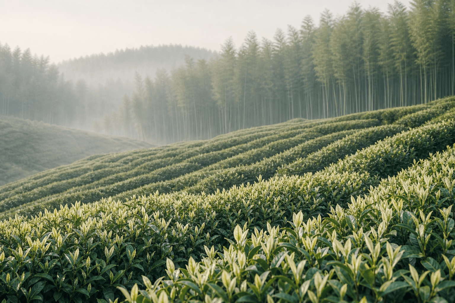 Terraced Anji Bai Cha bushes in early spring with pale young leaves and bamboo forest beyond