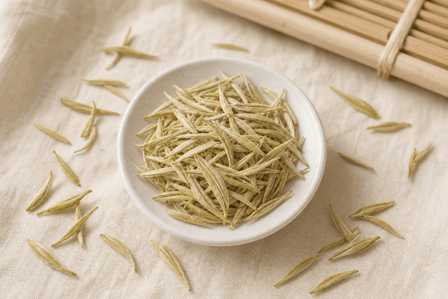 Pale yellow-green flat needle-shaped Anji Bai Cha leaves arranged on cream linen