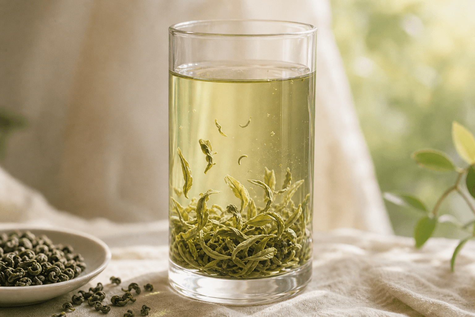 Pale green-gold Bi Luo Chun liquor in a tall clear glass tumbler, curled leaves visible at the bottom slowly unfurling