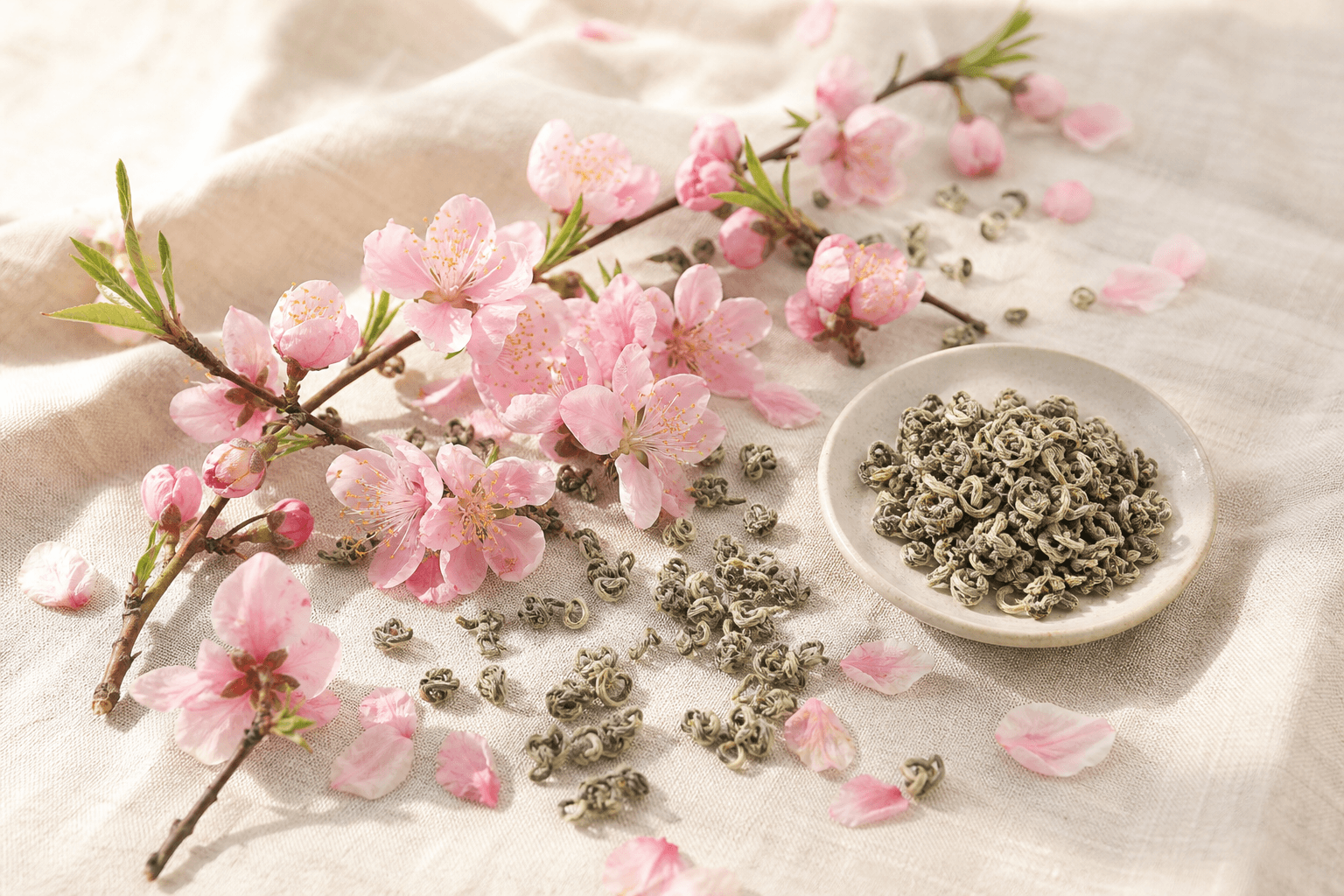 Pink peach blossoms and curled green Bi Luo Chun tea leaves arranged on cream linen in luminous spring light