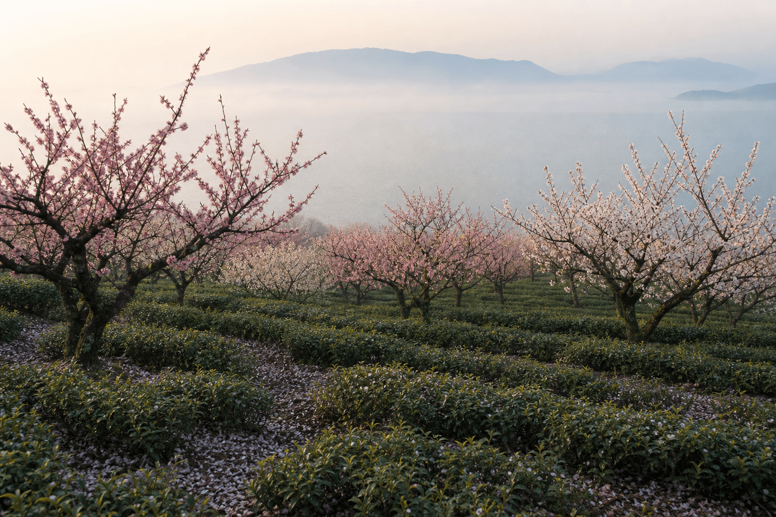 Dongting Mountain tea garden interplanted with peach trees in spring blossom, soft morning mist over Lake Tai in the background
