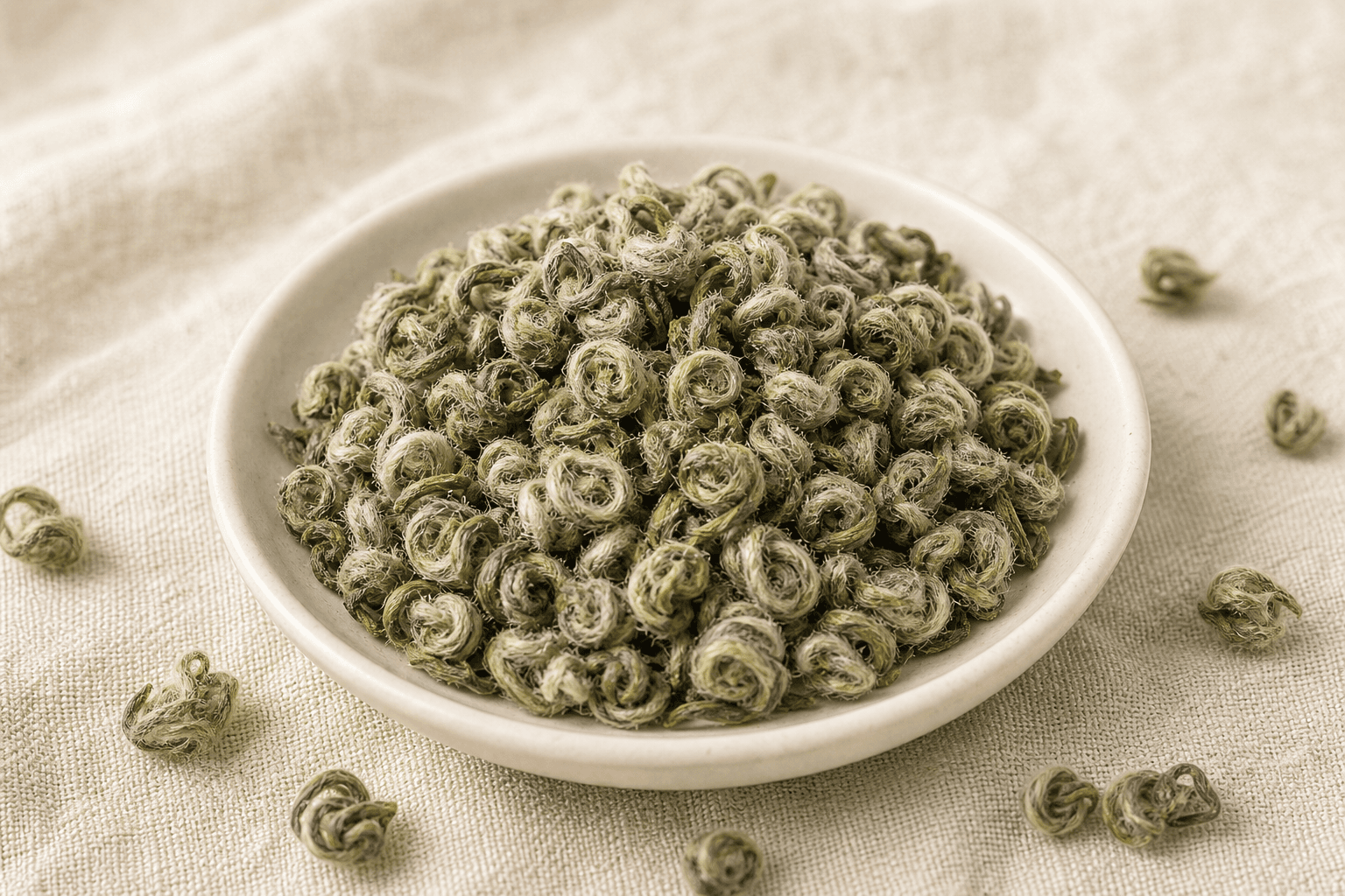 Close-up of tightly curled spiral Bi Luo Chun leaves on cream linen, fine white down visible covering the snail-shaped curls
