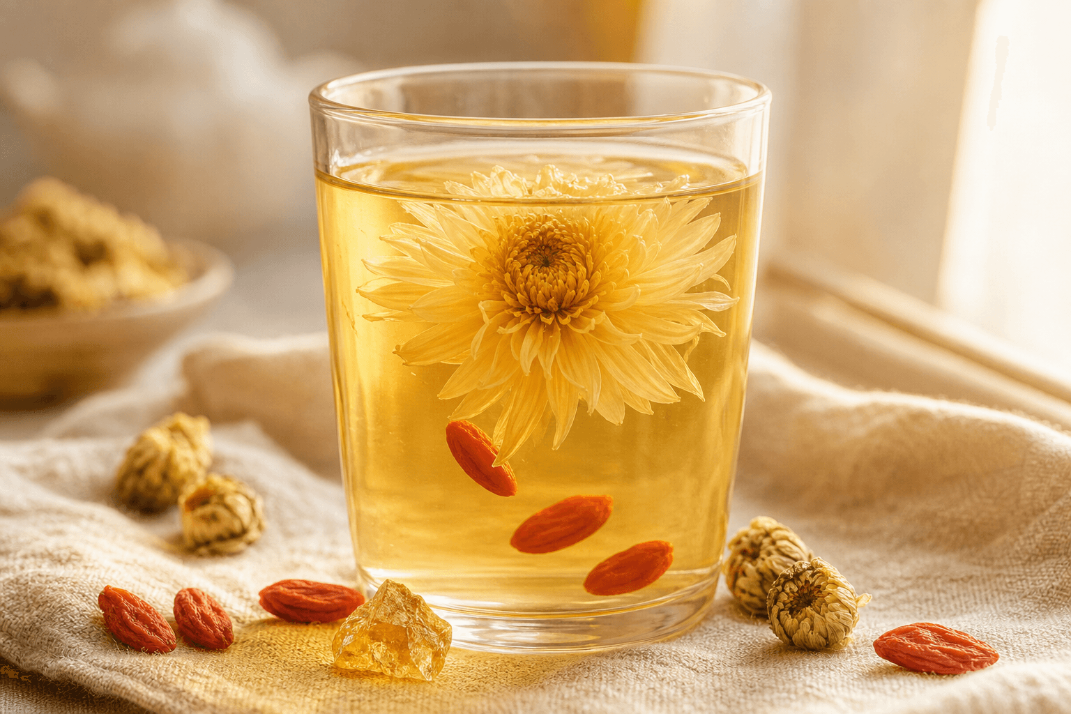 A tall clear glass cup of golden-honey chrysanthemum tea with a fully bloomed flower floating inside, goji berries visible, rock sugar at the rim