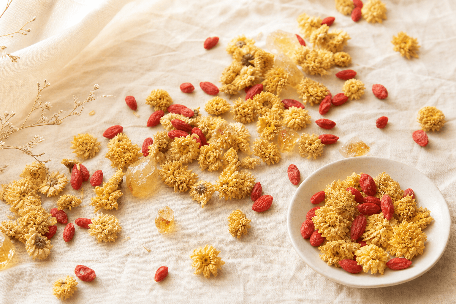 An abundance of golden chrysanthemum blossoms with red goji berries scattered across cream linen in bright natural light