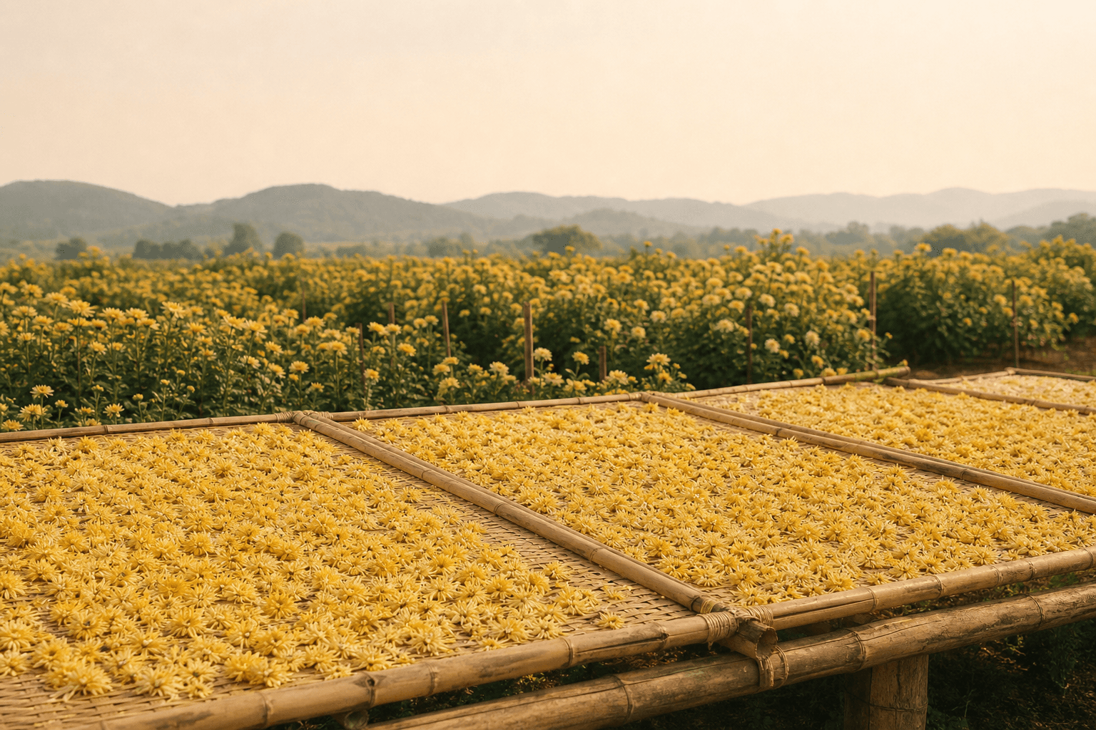 Golden chrysanthemum blossoms drying on bamboo mats in a Hangzhou field at autumn light
