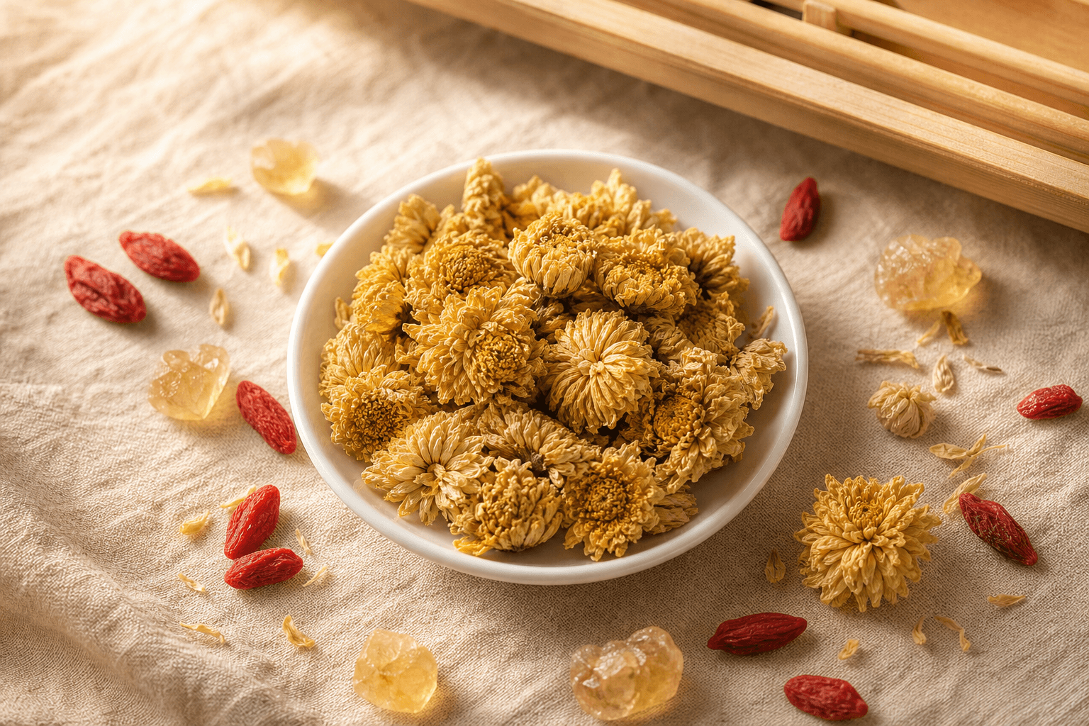 Dried golden chrysanthemum blossoms in a small porcelain dish on cream linen, with red goji berries and amber rock-sugar crystals scattered around