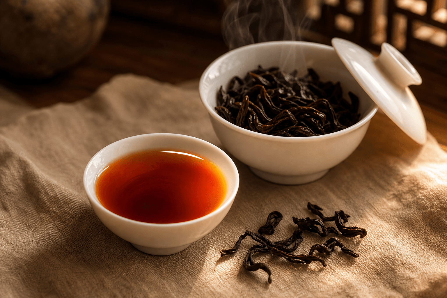 Deep amber-mahogany Da Hong Pao liquor in a small white porcelain cup beside an open gaiwan showing dark wet roasted leaves