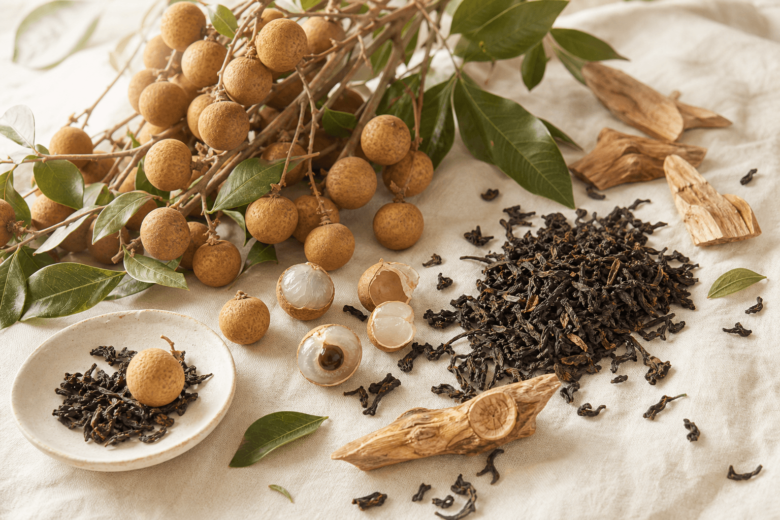 A bright still life of dark roasted Da Hong Pao leaves arranged with longan fruit and pieces of longan wood on warm cream linen