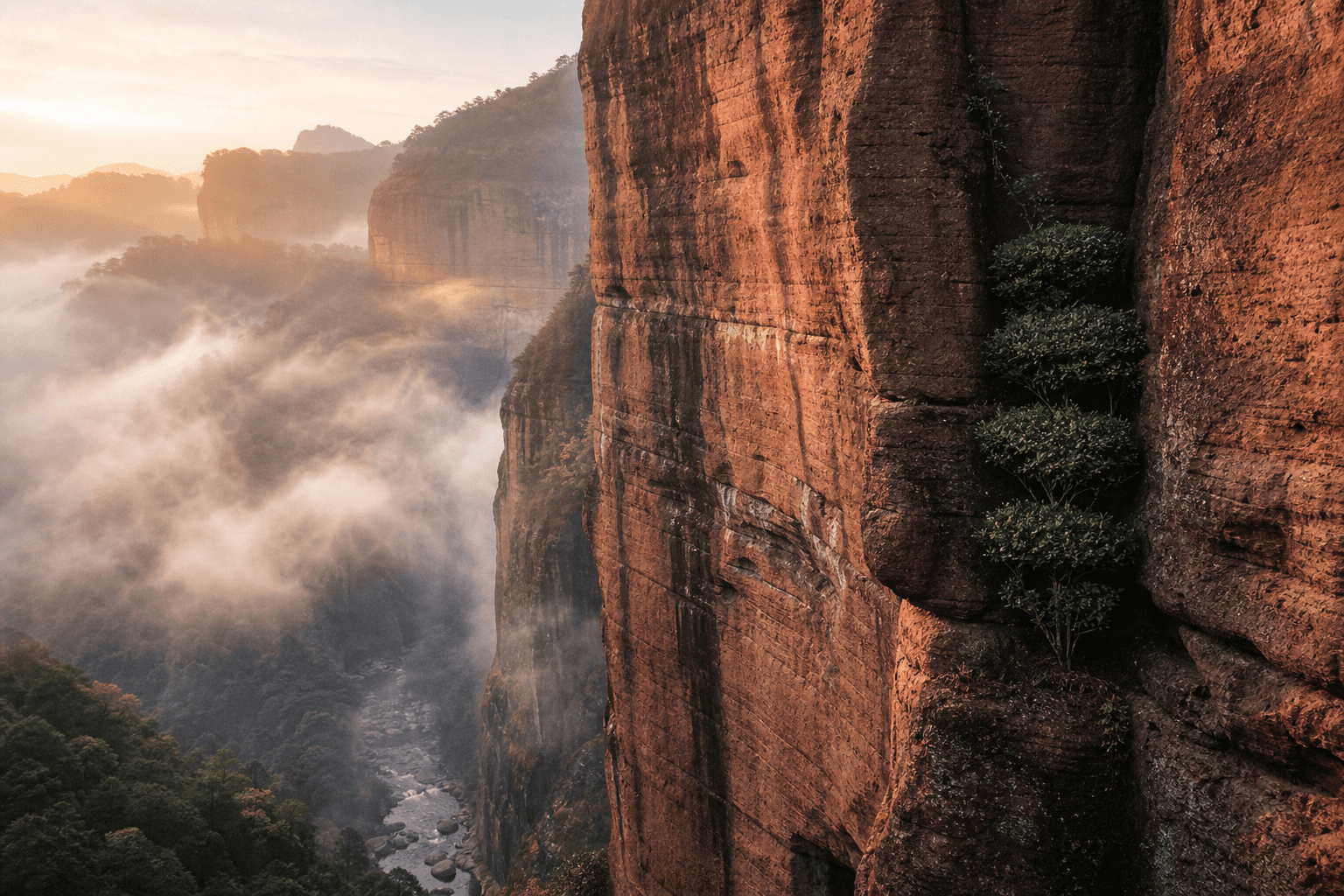 Vertical orange-red sandstone cliffs of the Wuyi Mountains, with tea bushes growing in a narrow ravine and morning mist threading through