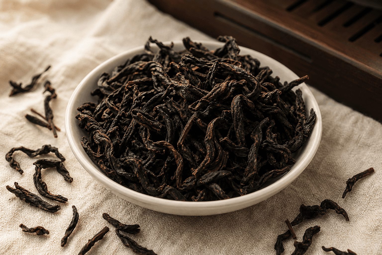 Close-up of long dark twisted Da Hong Pao leaves, heavily roasted, with reddish-brown highlights, on cream linen