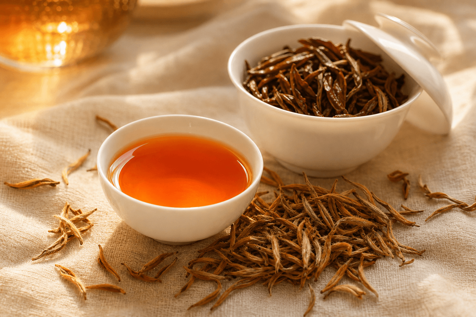 Deep amber-red Dian Hong liquor in a small white porcelain cup beside a gaiwan with unfurled coppery leaves and scattered golden buds