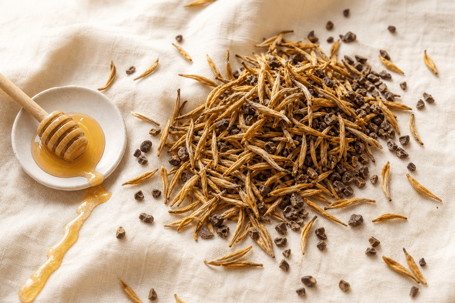 An abundance of golden-tip Dian Hong leaves arranged with cocoa nibs and a small drizzle of honey on cream linen, in warm sunny light