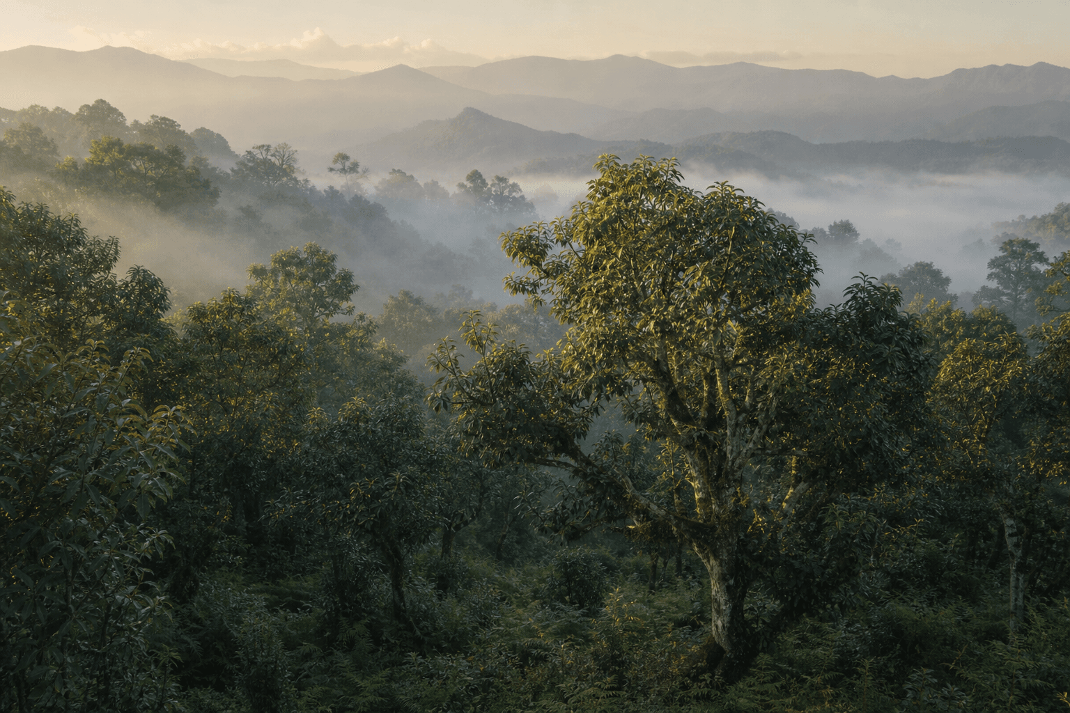Old-growth assamica tea trees on a misty Yunnan hillside near Lincang, showing the broad-leaved trees taller than typical tea bushes