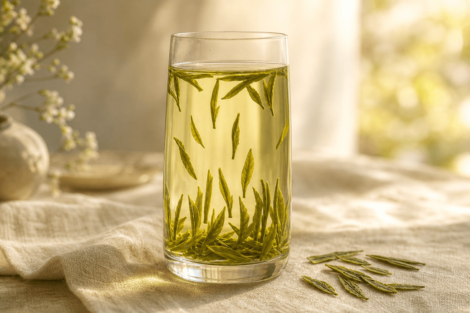 Pale yellow-green Long Jing brewed in a tall clear glass, leaves standing upright in the water
