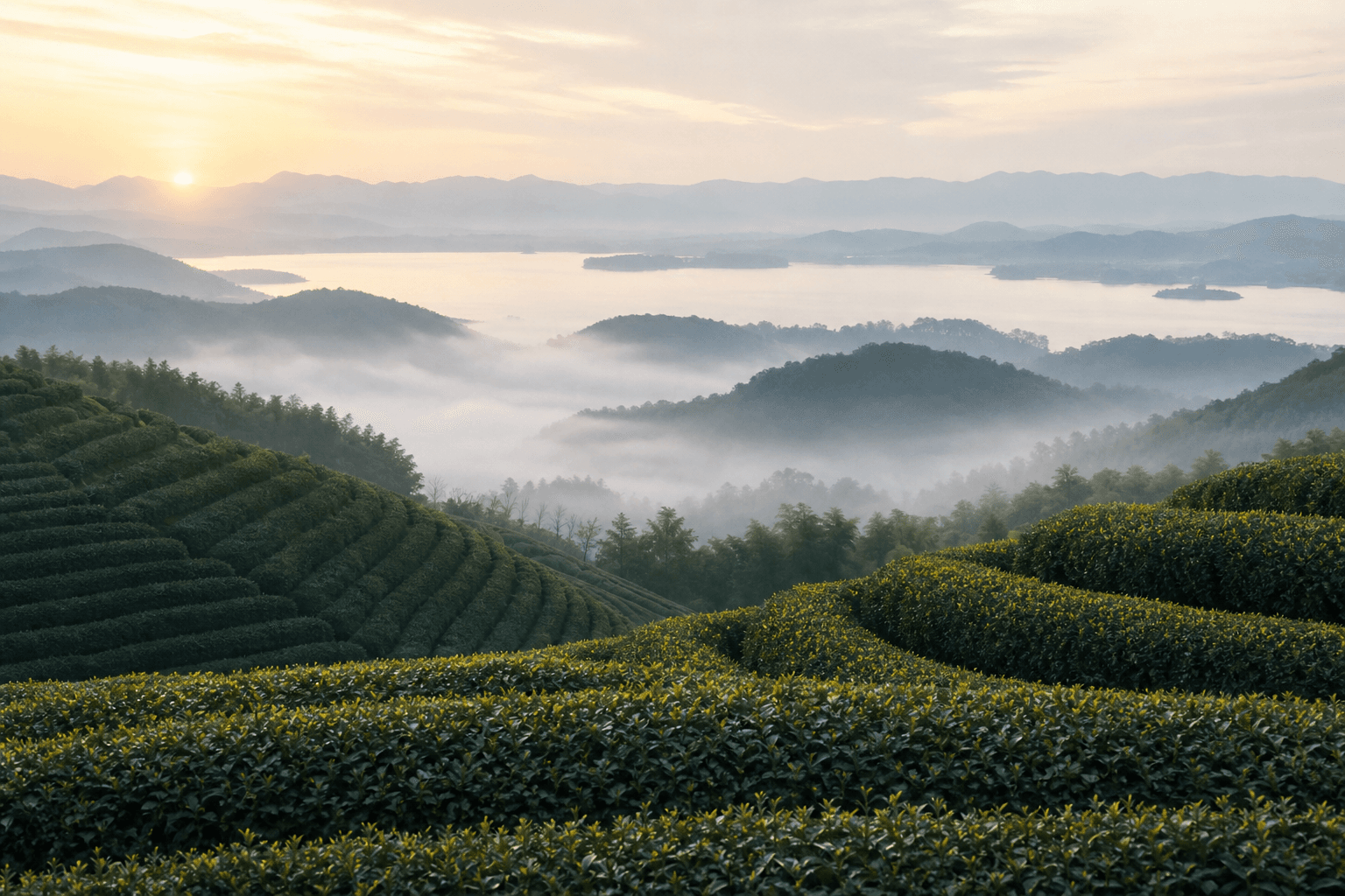 Terraced tea fields in the misty hills around Hangzhou's West Lake at dawn
