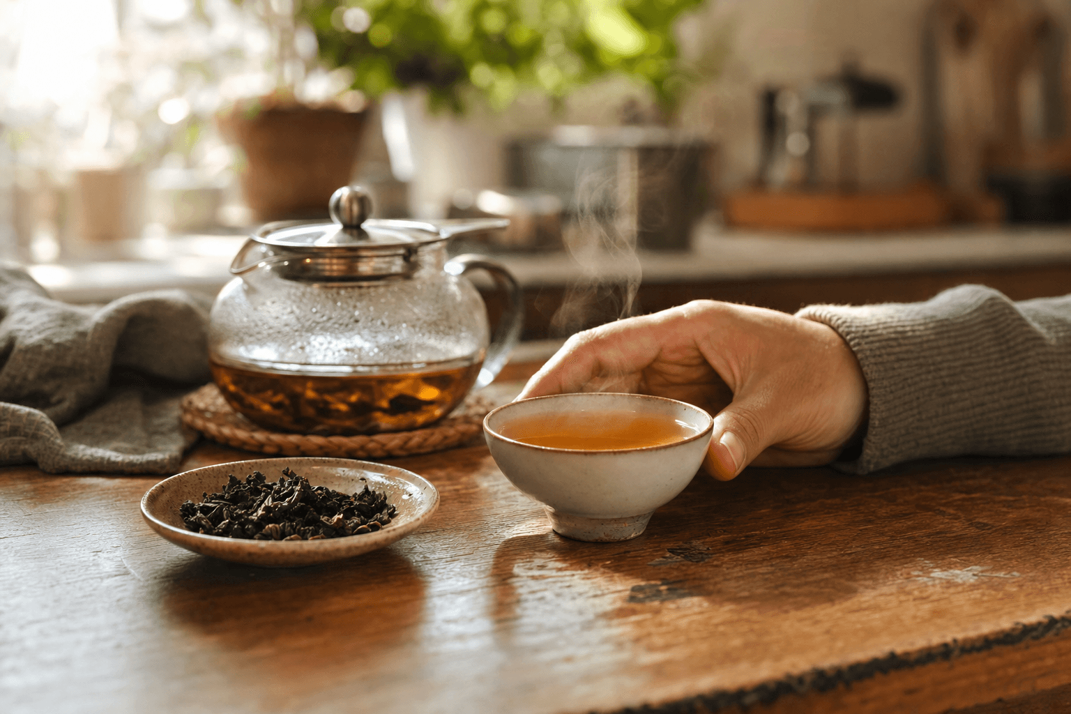 A simple cup of golden-brown Ember Crown Select Dark Oolong on a wooden kitchen table in warm morning light, steam rising