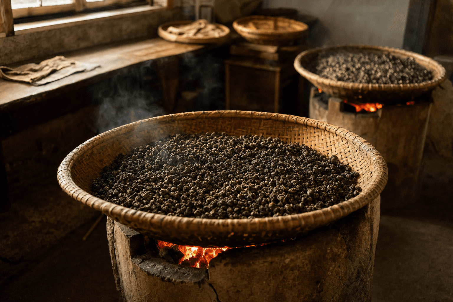 Round bamboo charcoal-roasting baskets of rolled oolong in a warm, lived-in Taiwanese roasting room