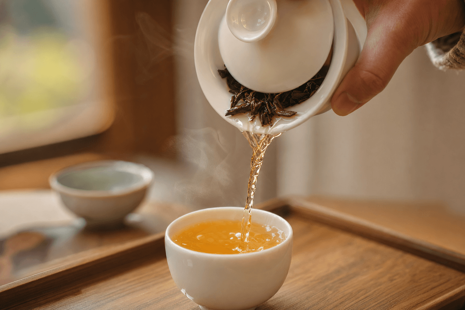 Golden-brown Ember Crown Signature Dark Oolong poured from a gaiwan into a small cup on a warm wooden table, steam rising