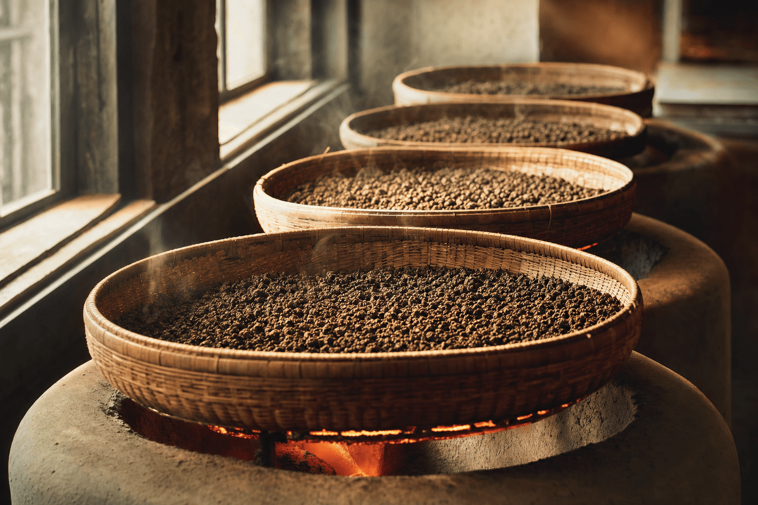 A row of round bamboo charcoal-roasting baskets of rolled oolong in a warm Taiwanese roasting room