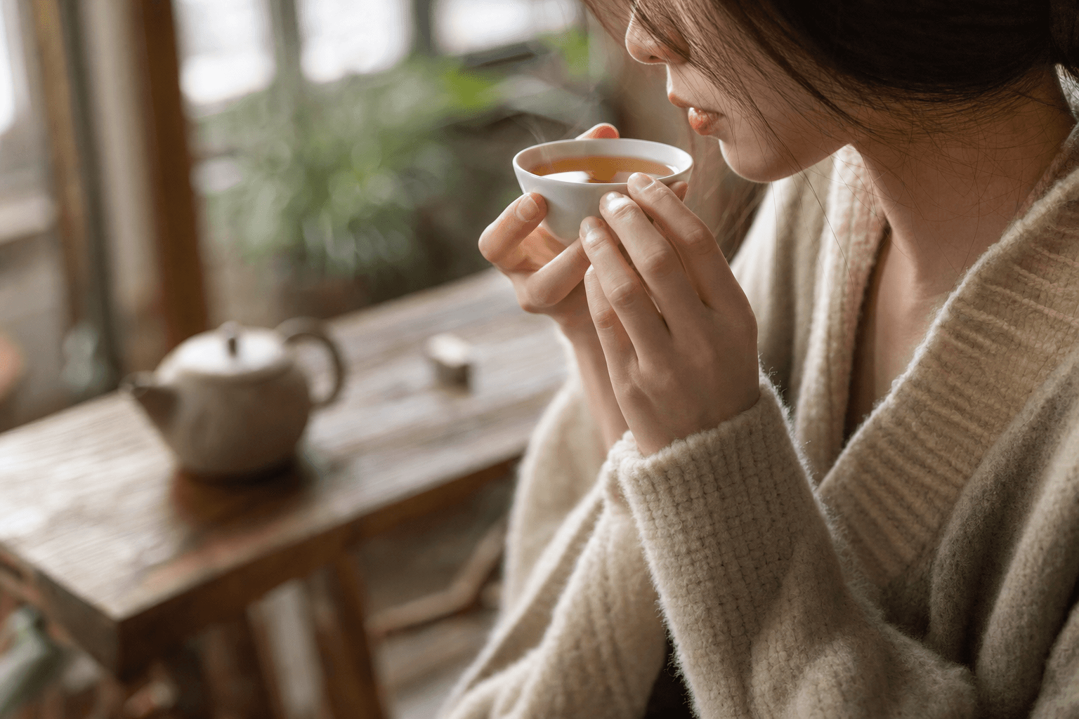 A young woman in a cozy room sipping a small cup of golden-brown Ember Crown Signature Dark Oolong, the cup cradled in both hands, her face only partly visible