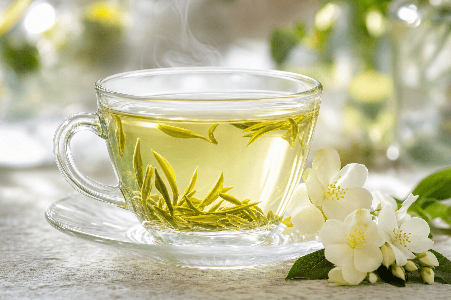 A glass cup of light yellowish-green Huatan Reserve Jasmine with open leaves and a jasmine blossom beside it