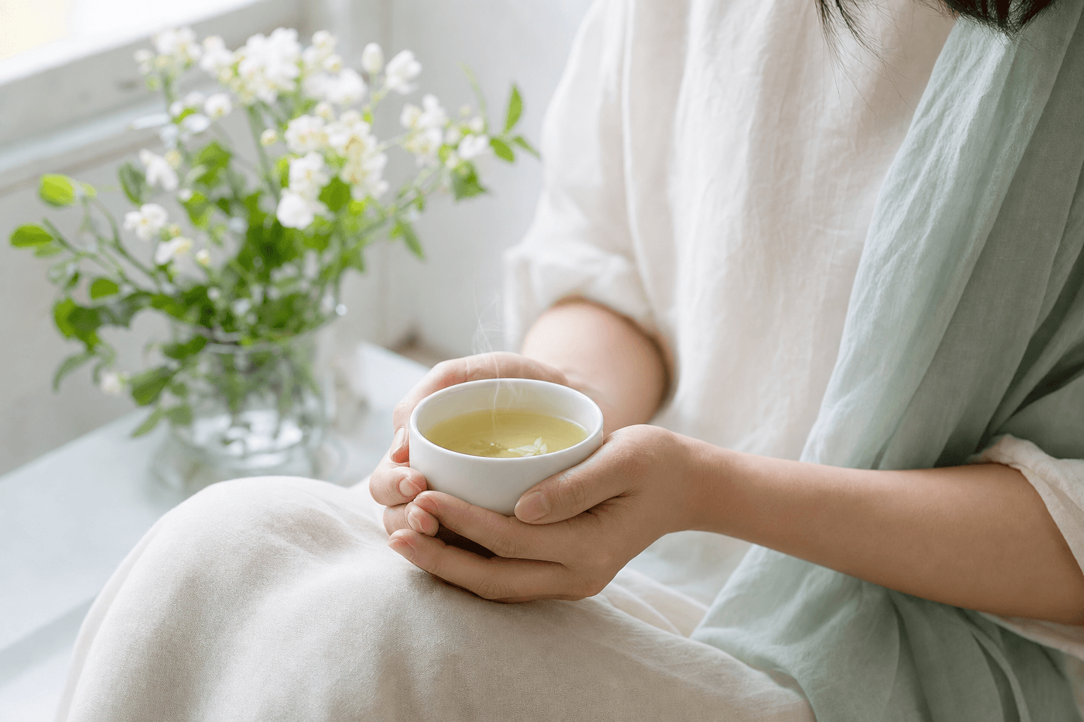 A woman by a bright window cradling a small cup of pale Huatan Reserve Jasmine, at rest, with jasmine blossoms nearby