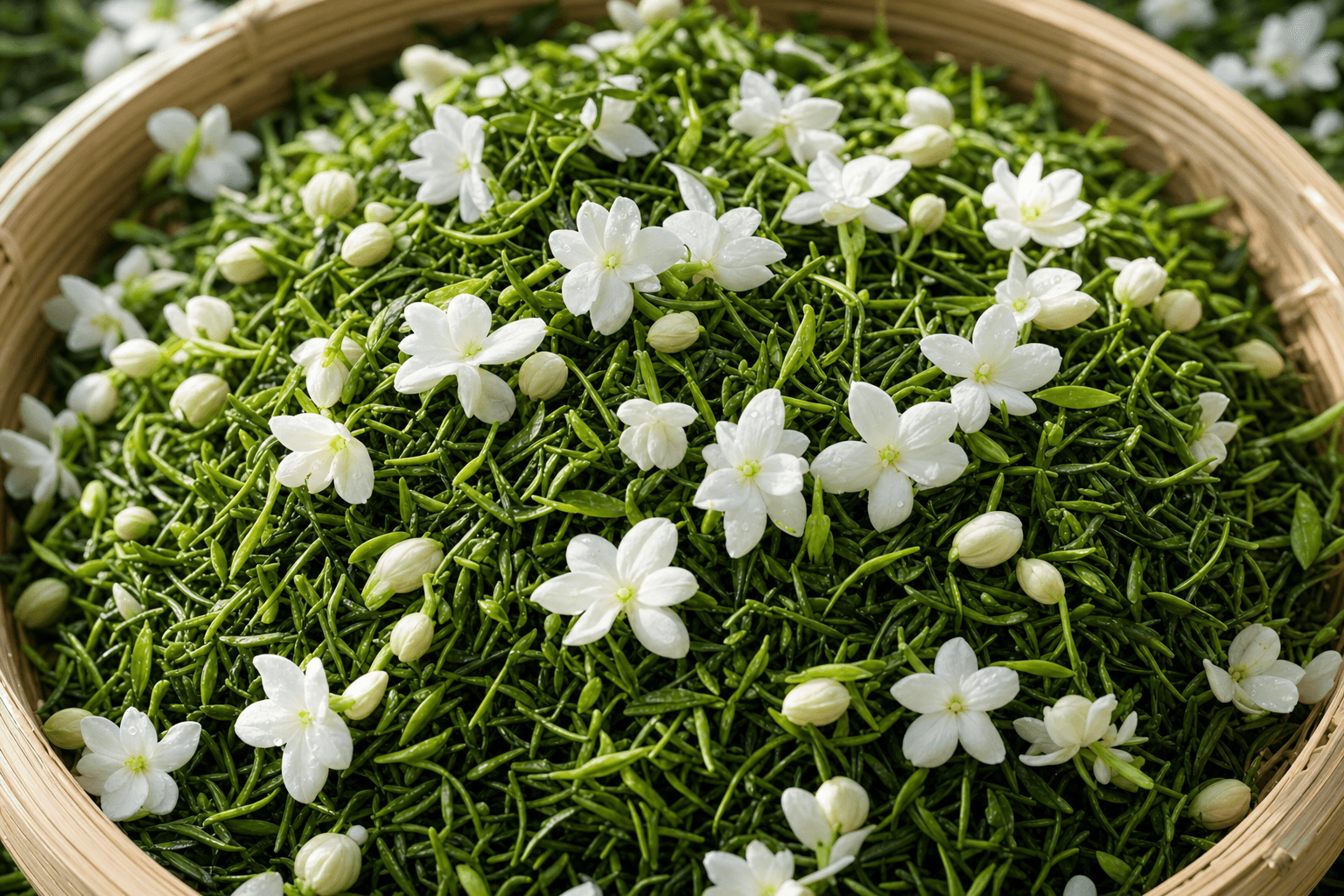 Fresh white jasmine blossoms scattered over loose slim green tea leaves during the jasmine scenting process