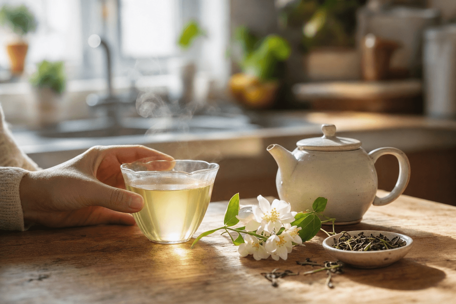 A simple cup of light yellowish-green Huatan Select Jasmine on a wooden kitchen table in warm light, steam rising