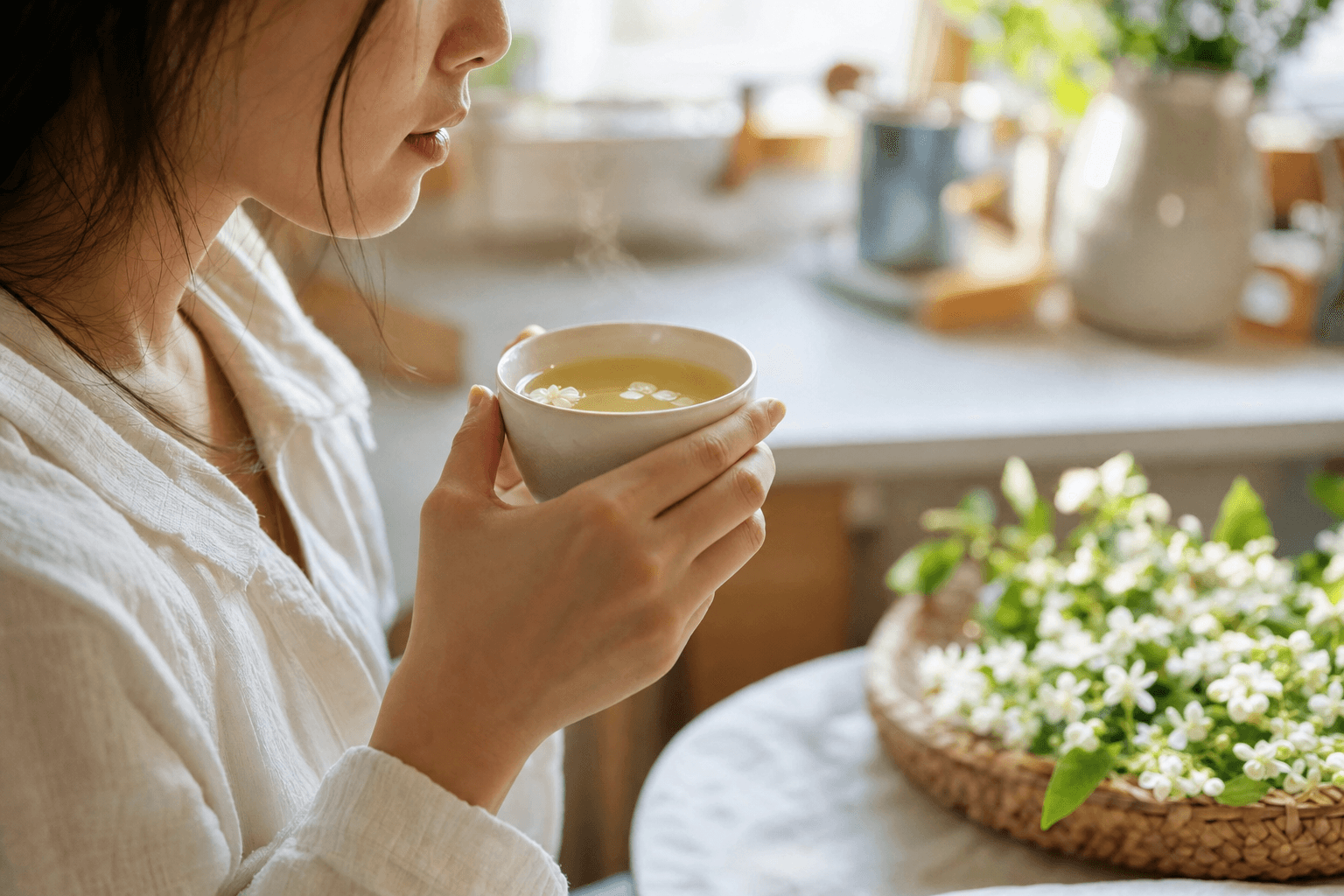A young woman in a sunlit kitchen lifting a simple cup of pale yellow-green Huatan Select Jasmine, her face only partly visible