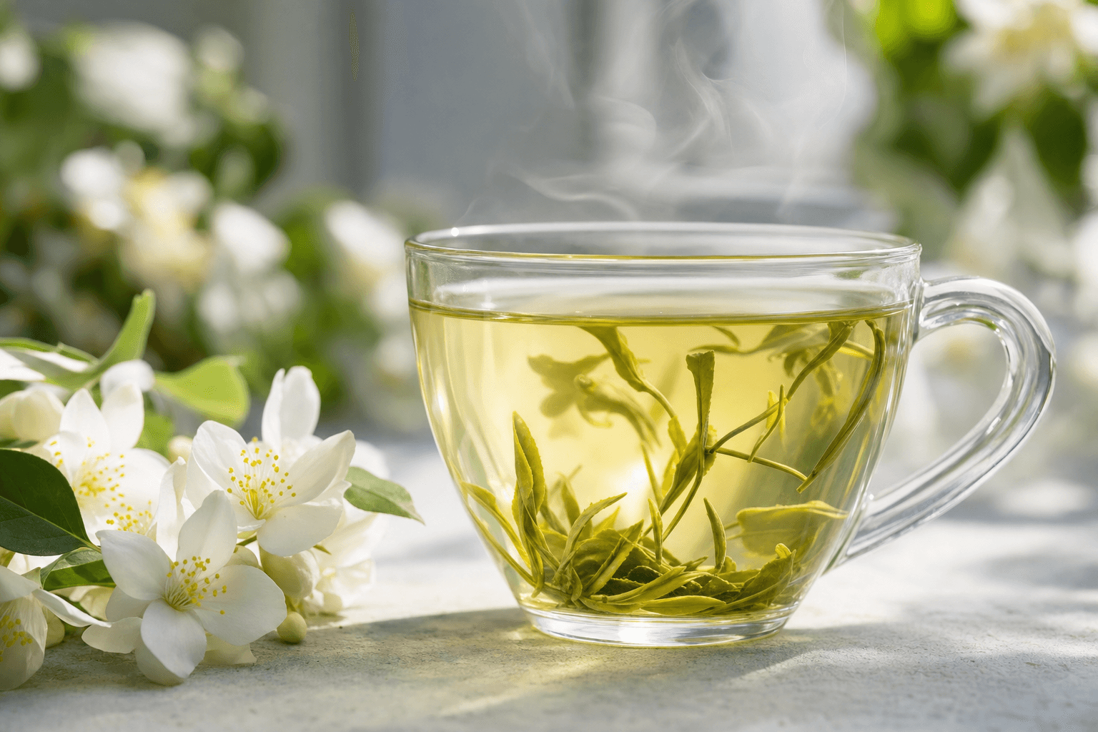 A glass cup of light yellowish-green Huatan Signature Jasmine with open leaves and a jasmine blossom beside it