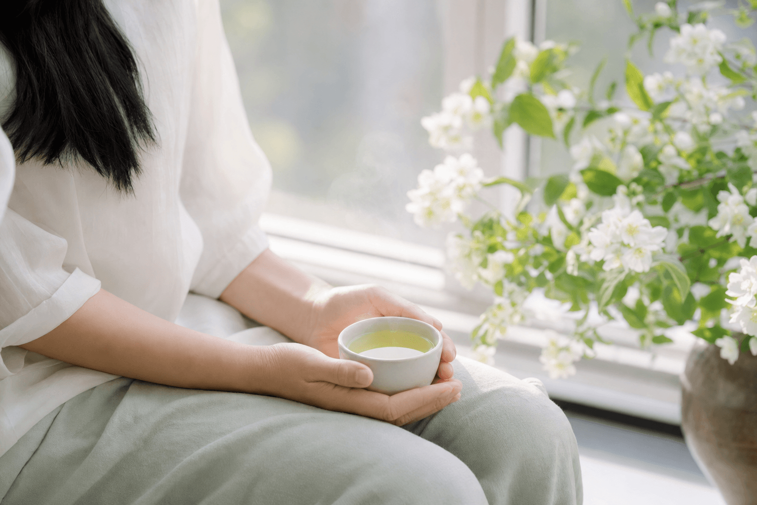 A young woman by a sunlit window cradling a small cup of pale Huatan Signature Jasmine, at rest, with jasmine blossoms nearby
