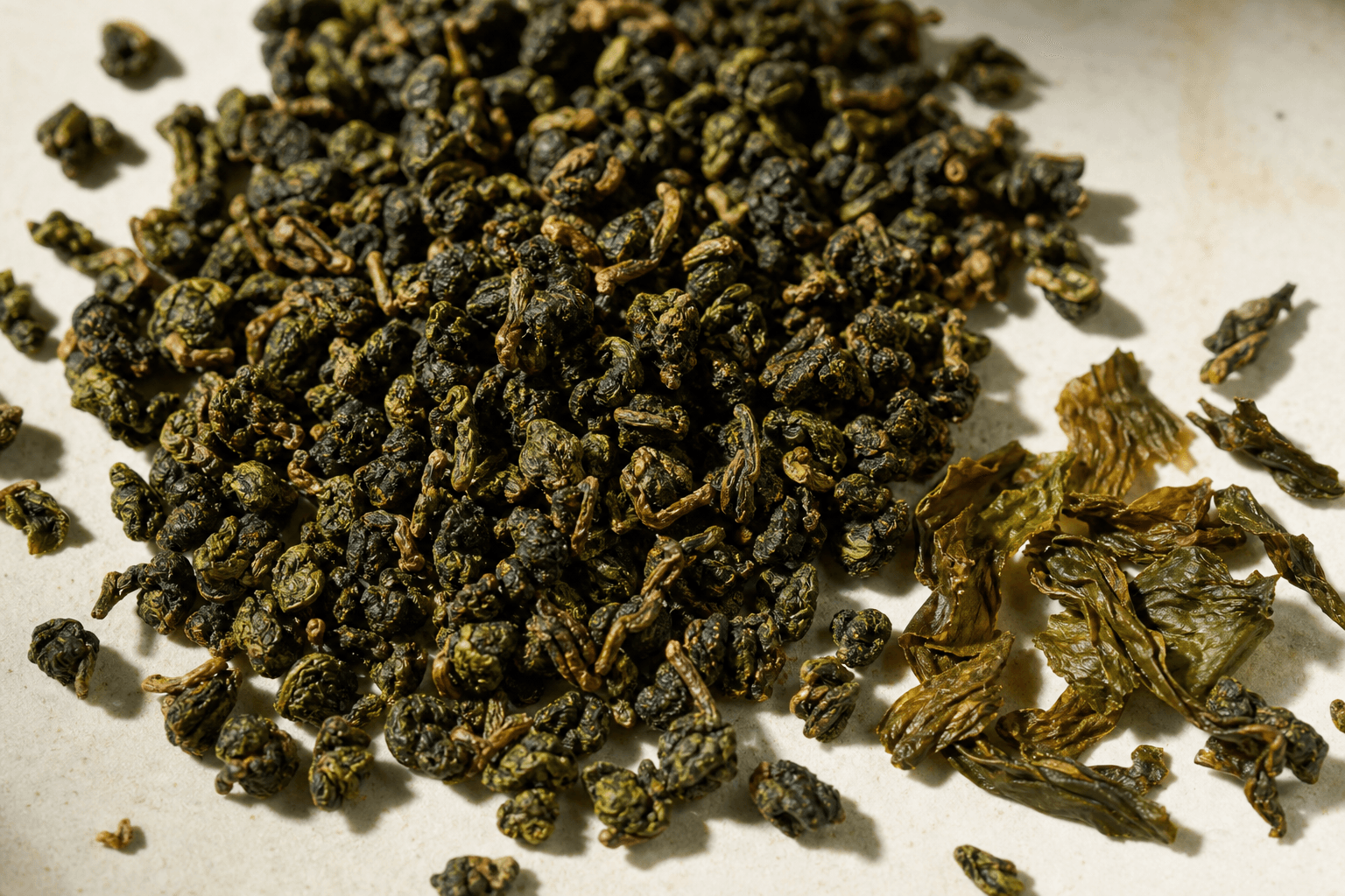 Tightly rolled dark green Tie Guan Yin oolong nuggets, some opened to show the roasted leaf, on a warm bright surface