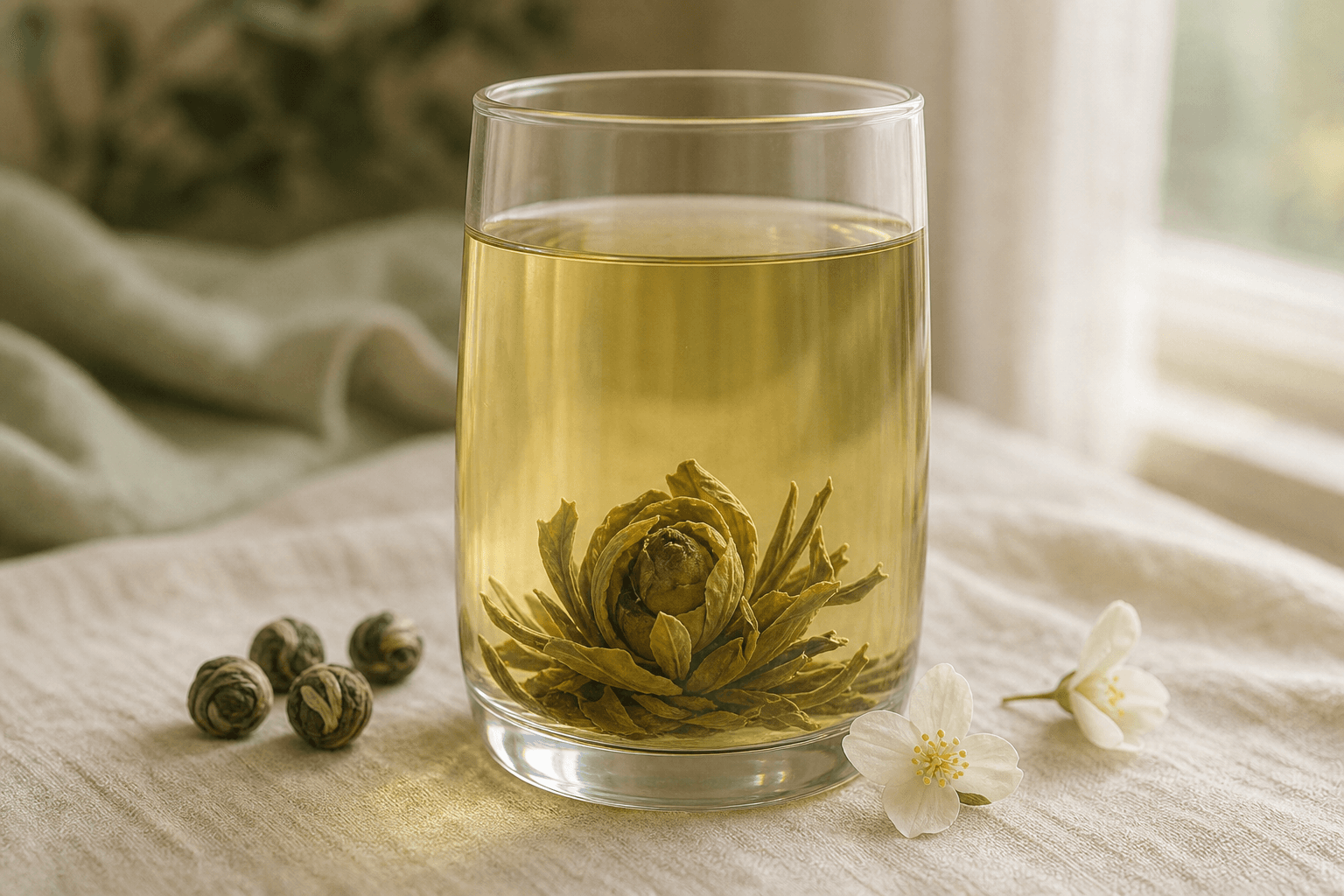 Pale green-gold liquor in a tall clear glass tumbler with a partially-unfurled jasmine pearl resting at the bottom