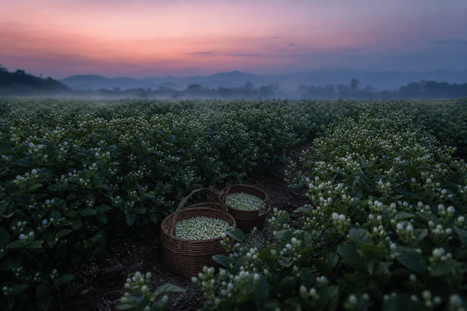 Jasmine bushes laden with closed white blossoms at twilight, woven baskets nearby in cool evening light
