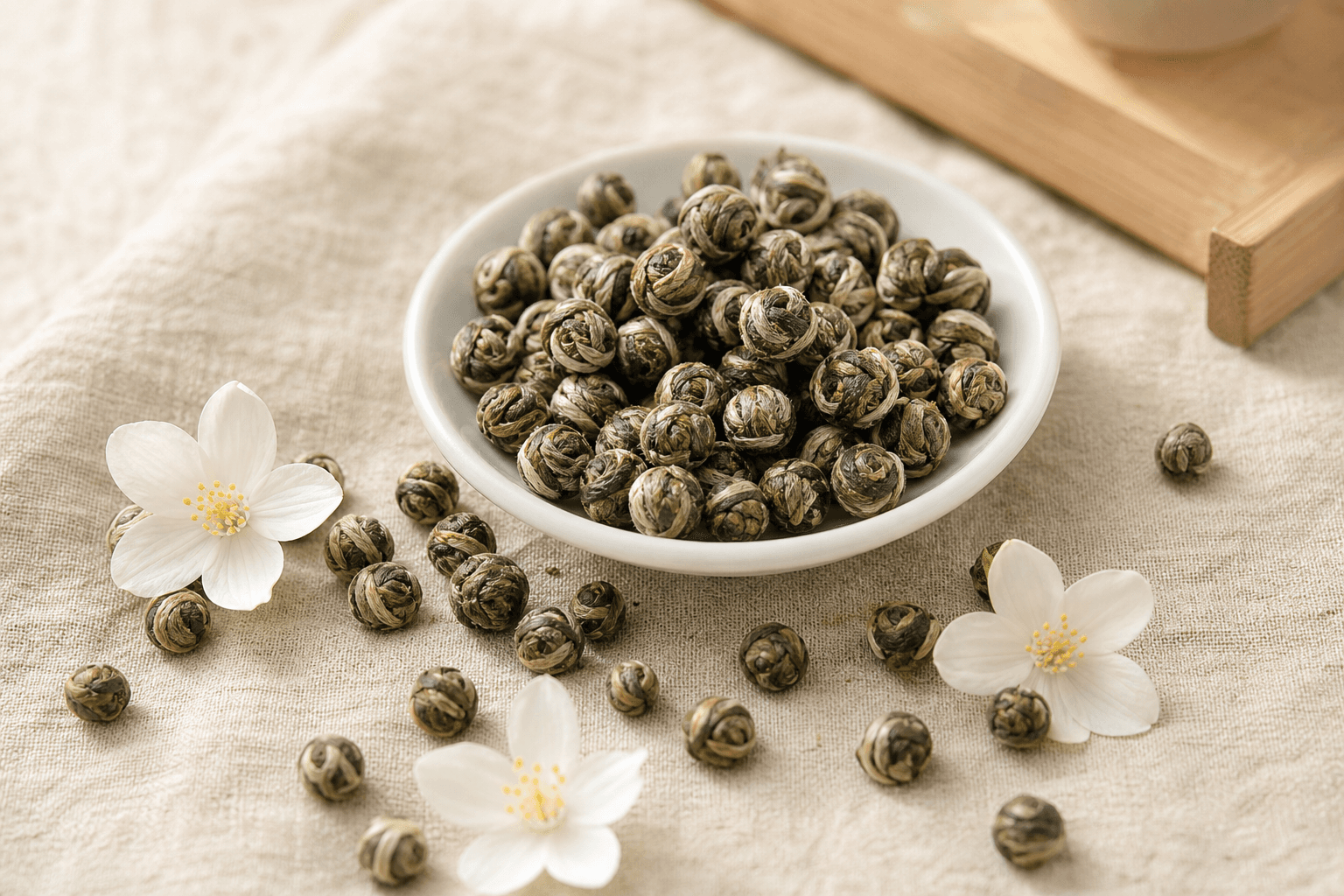 Hand-rolled jasmine green tea pearls scattered on cream linen with a few fresh white jasmine blossoms