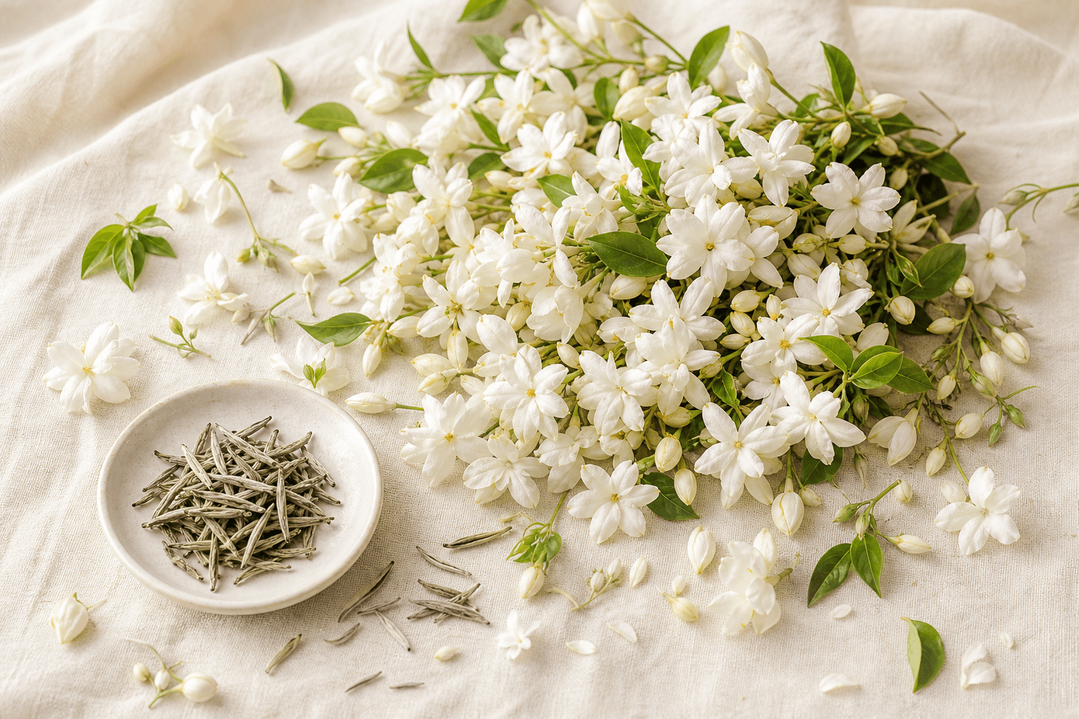Fresh white sambac jasmine blossoms scattered abundantly on cream linen with a few silver downy buds among them, luminous daylight